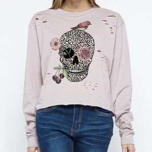 NEW long sleeve skull bird rosettes cherries print distressed top